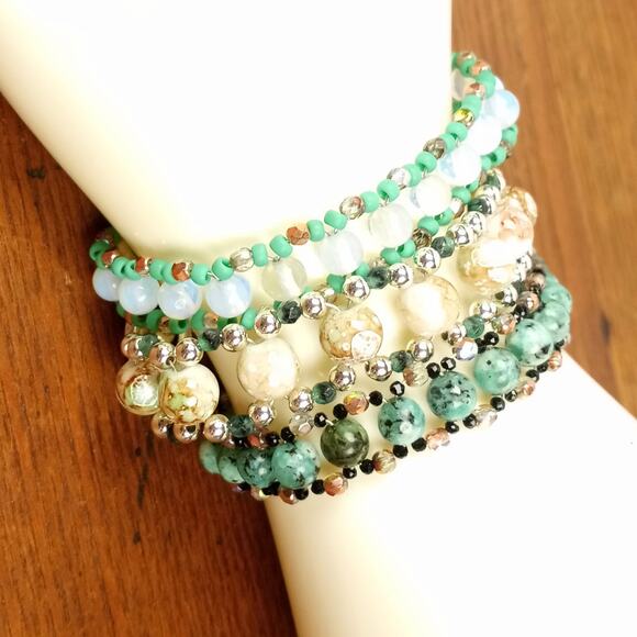 HANDMADE African Turquoise, Opalite and Neutrals Bracelet Stack. 7¼" - Picture 4 of 5